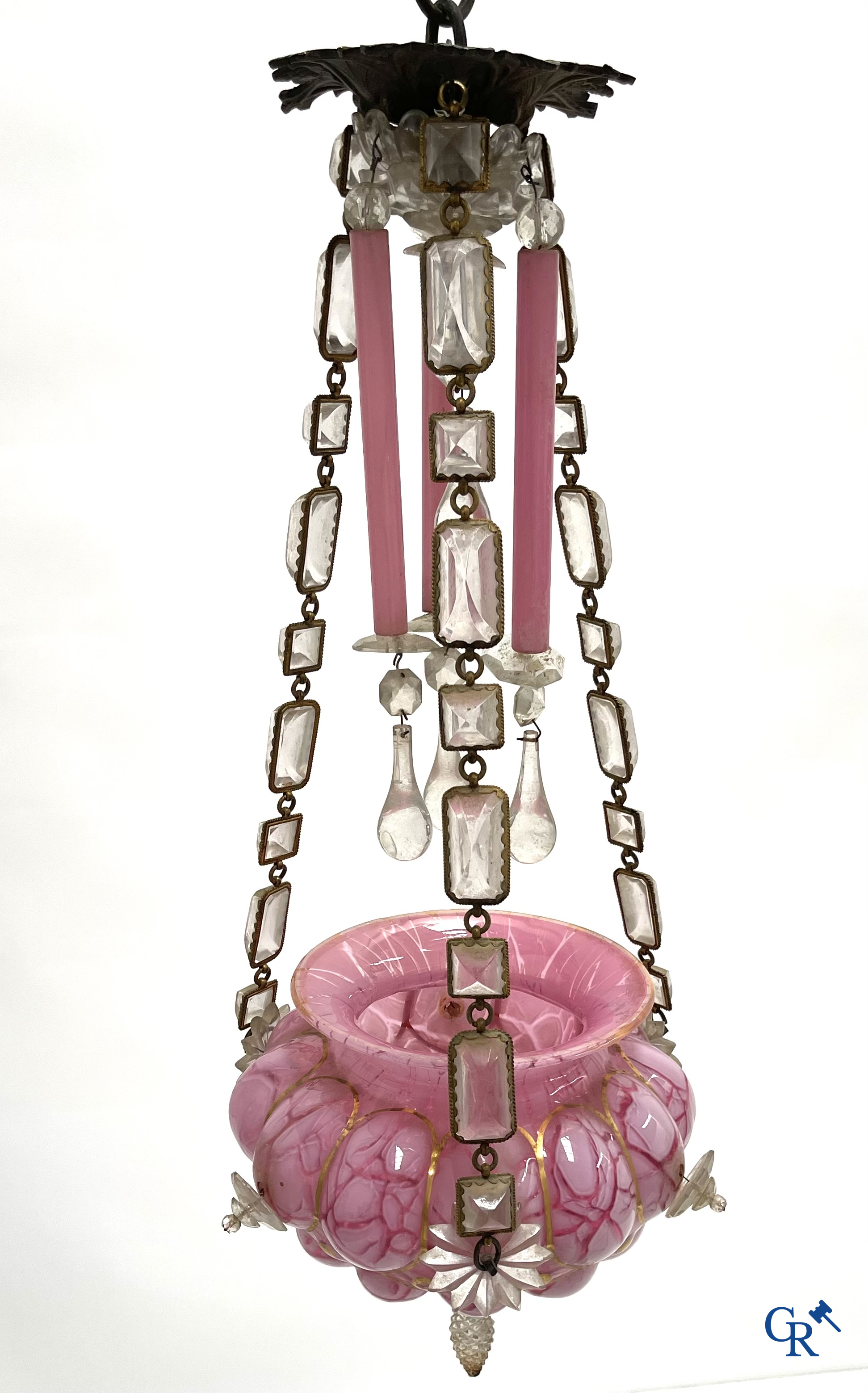 A chandelier in pink opaline and gilded frames with mounted crystal in the style of Baccarat. Circa 1860.