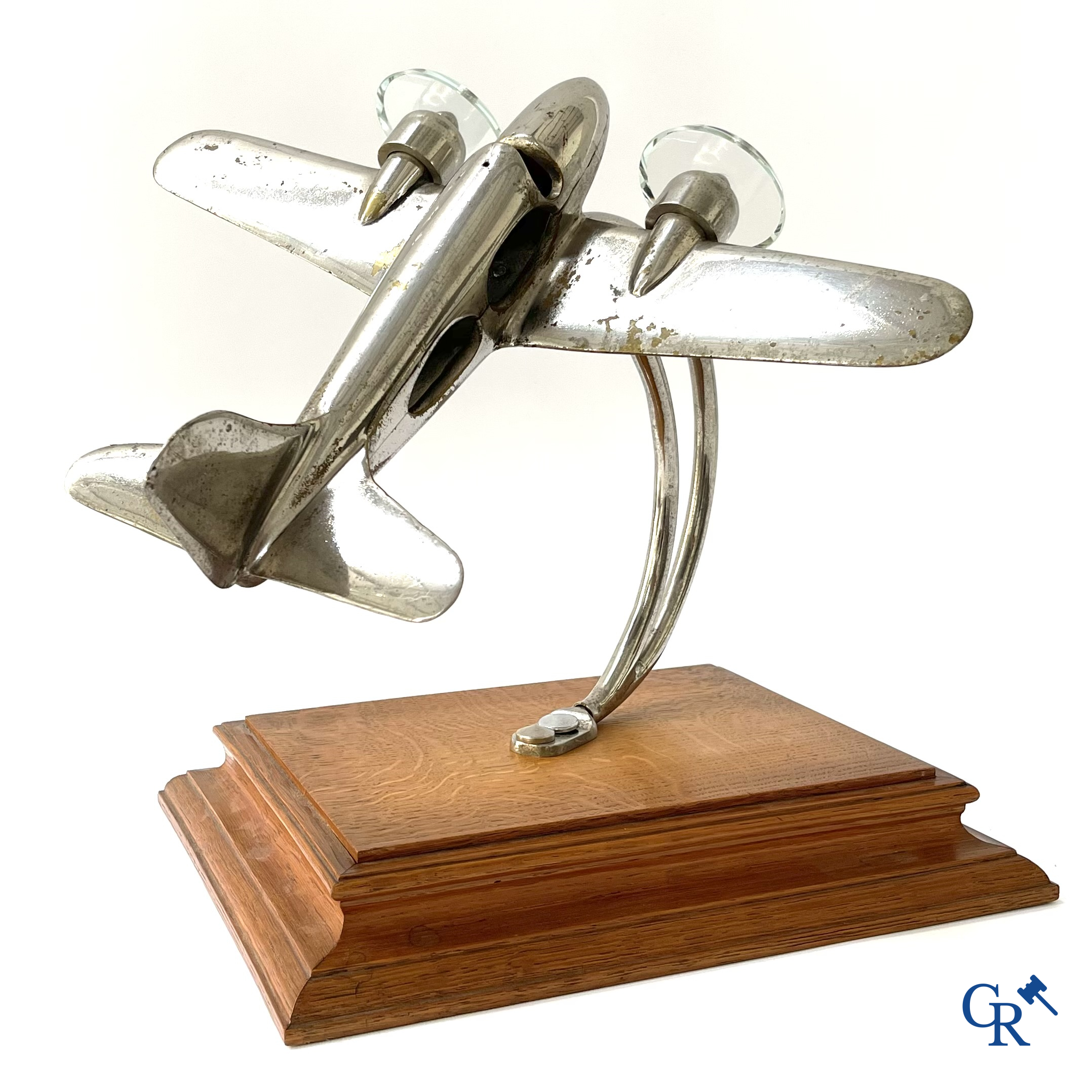 Art Deco, a large model of an aircraft taking off in chrome-plated bronze and glass propellers. 1930's.