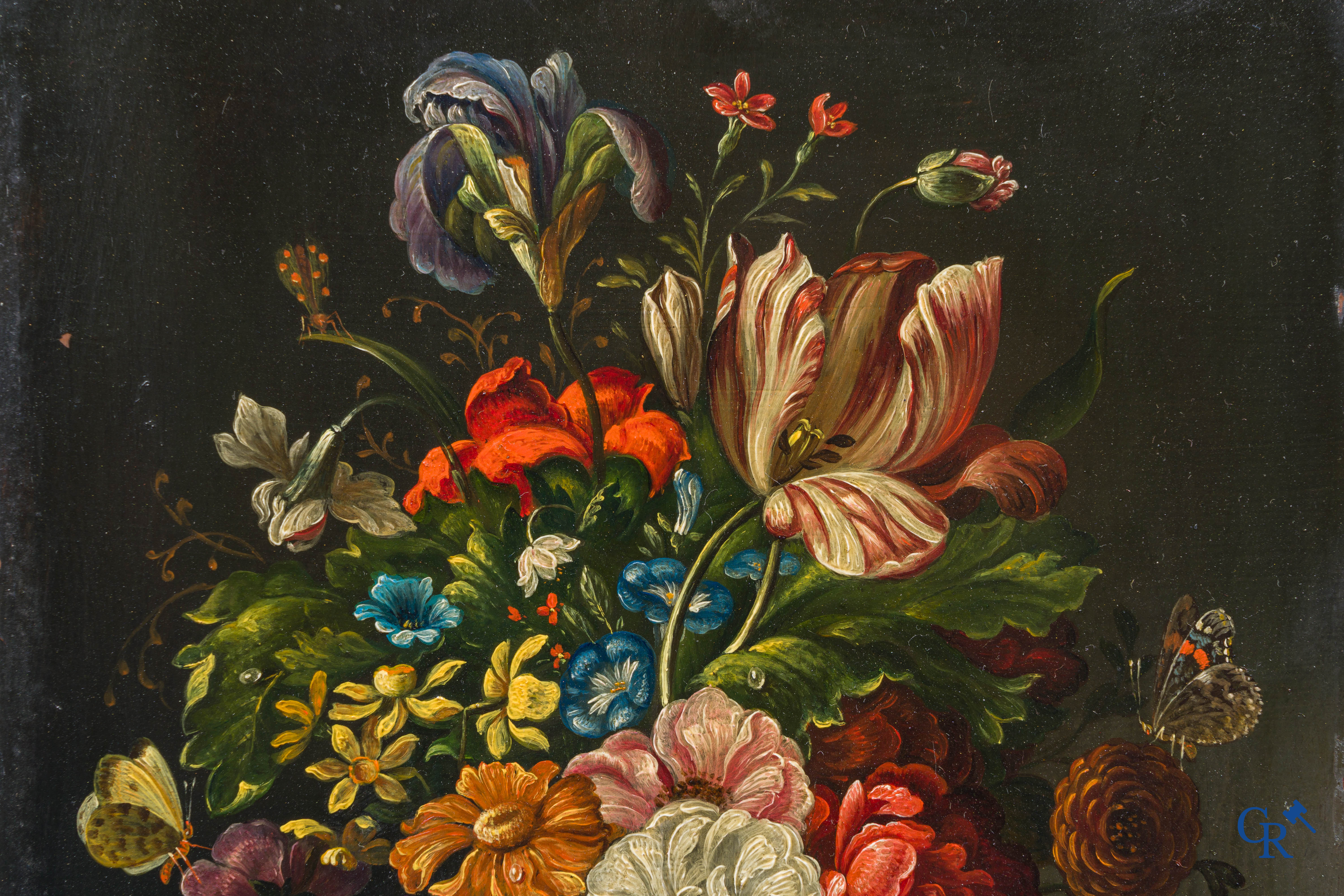 Painting. Still life with flowers and insects. Oil on copper. 18th-19th century.