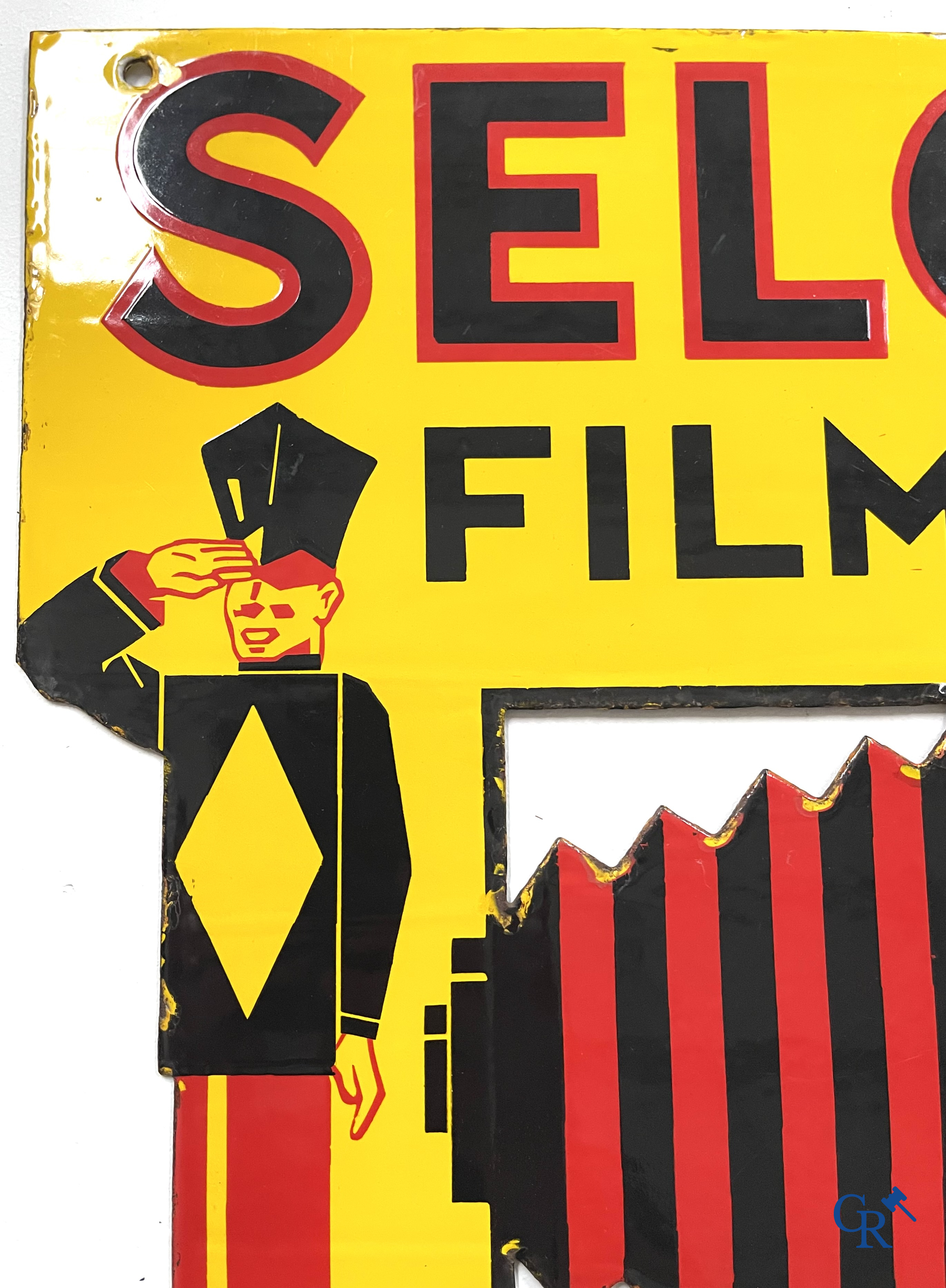 Selo Film, dubbelzijdig geëmailleerd publiciteitsbord voor filmrollen Selochrome. Fabrique en Angleterre. Jaren '30.