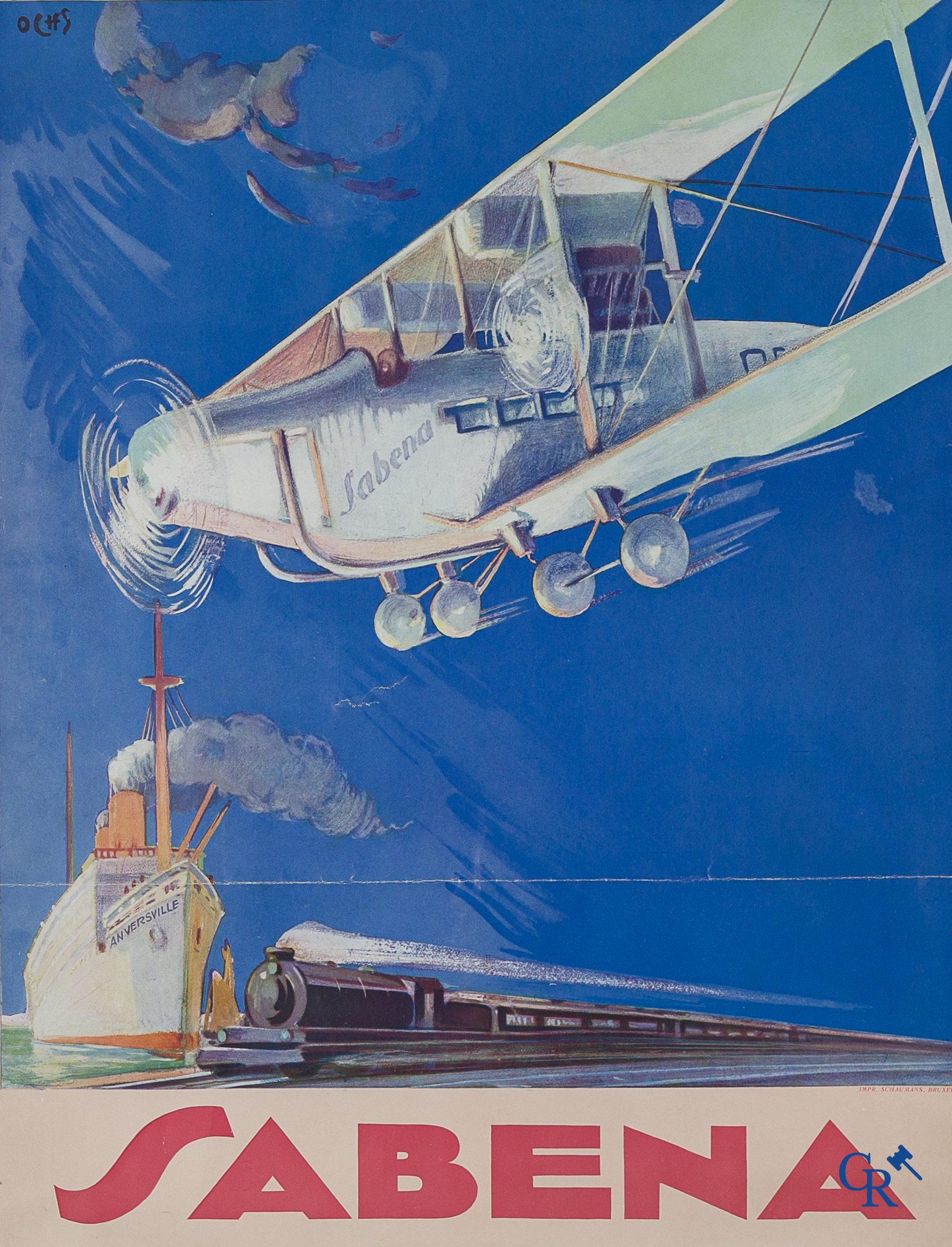 Jacques Ochs (1883-1971) Rare publicity poster for Sabena, Réseau aérien du Congo Belge. Schaumans, 1929.